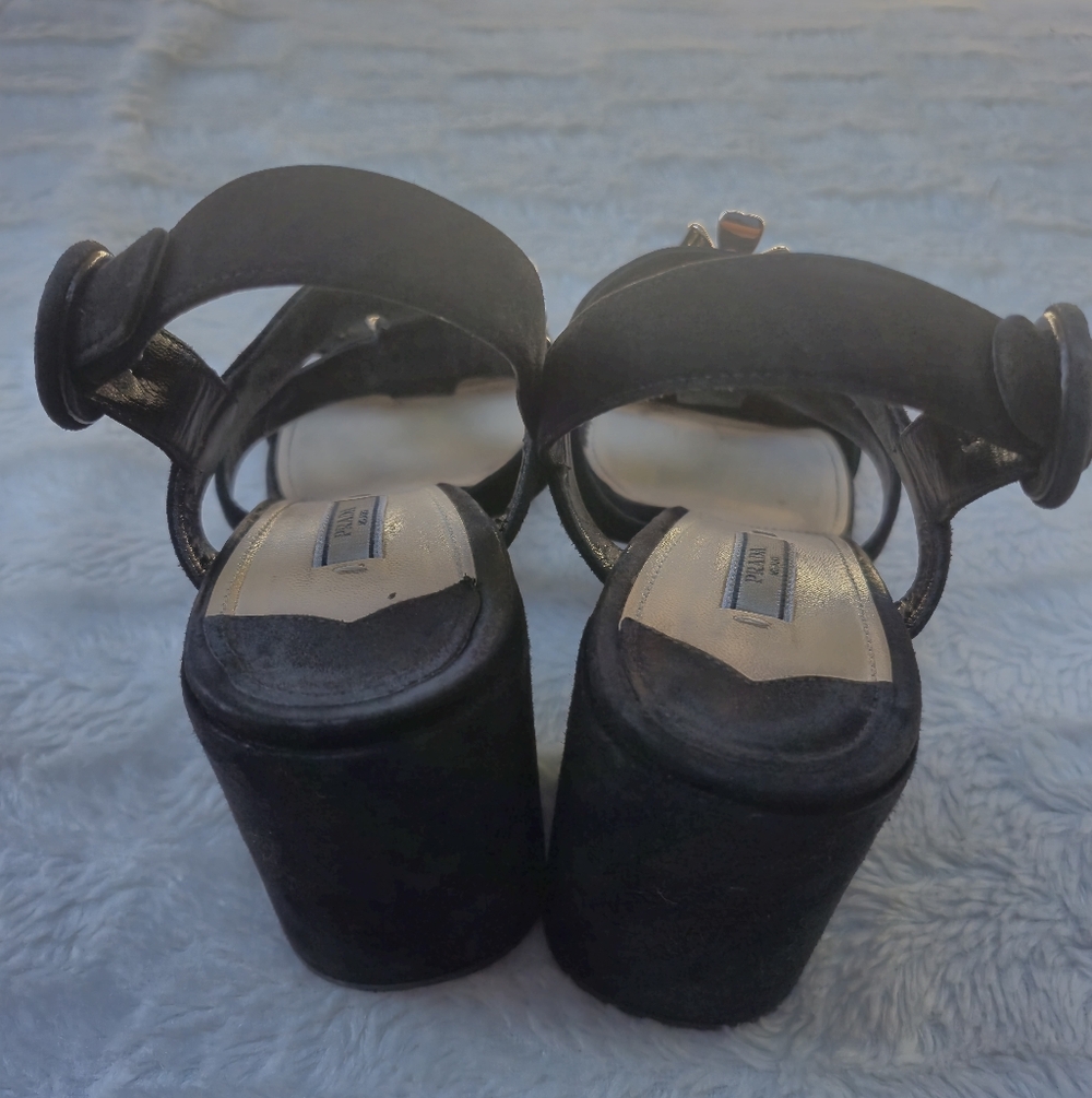 Prada Black Suede Multi-Strap Heels with Crystal Flower Accents - Picture 3 of 11